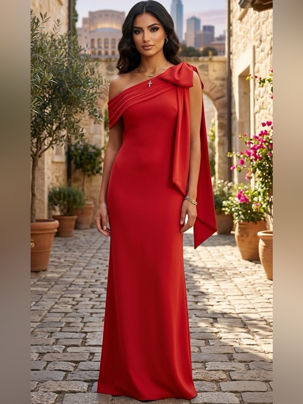 Tadashi Shoji One-Shoulder Red Evening Gown with Draped Bow